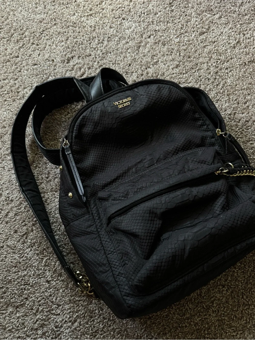 Victoria's Secret Black Textured Snake-Print Backpack with Gold Accents - Picture 3 of 8